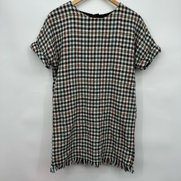 Zara Houndstooth Fringe Oversized Shift Dress Wool Velvet Women’s XS Retro Glam - Picture 3 of 13